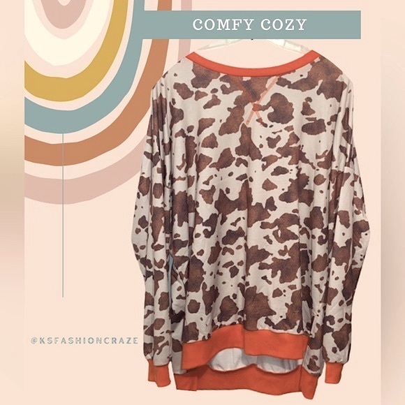 #1356 Super Cozy Cow Print Long Sleeve Sweater Top - Picture 6 of 17